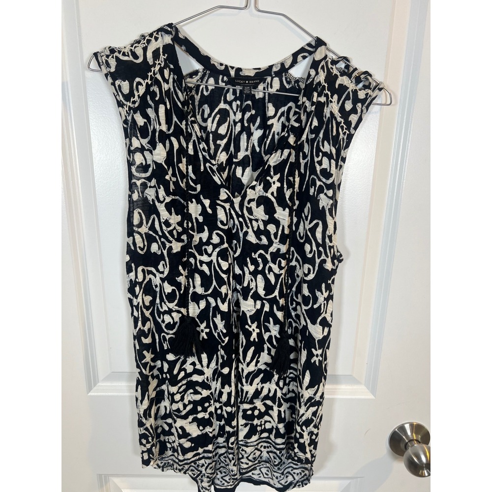 Lucky Brand Womens Top Abstract Print Whipstitch Tassel Black White Small